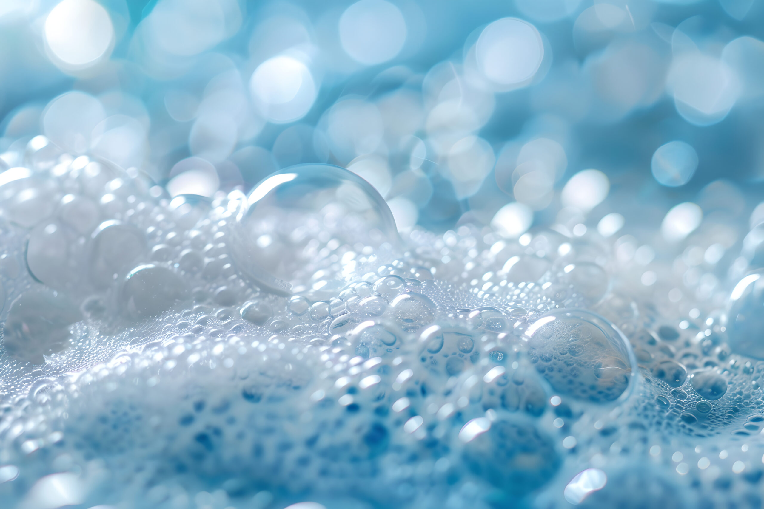 Foam with bubbles background. Soap, shampoo, powder, gel for shave, foam mousse with bubbles template. Pattern for hygiene, clean wash