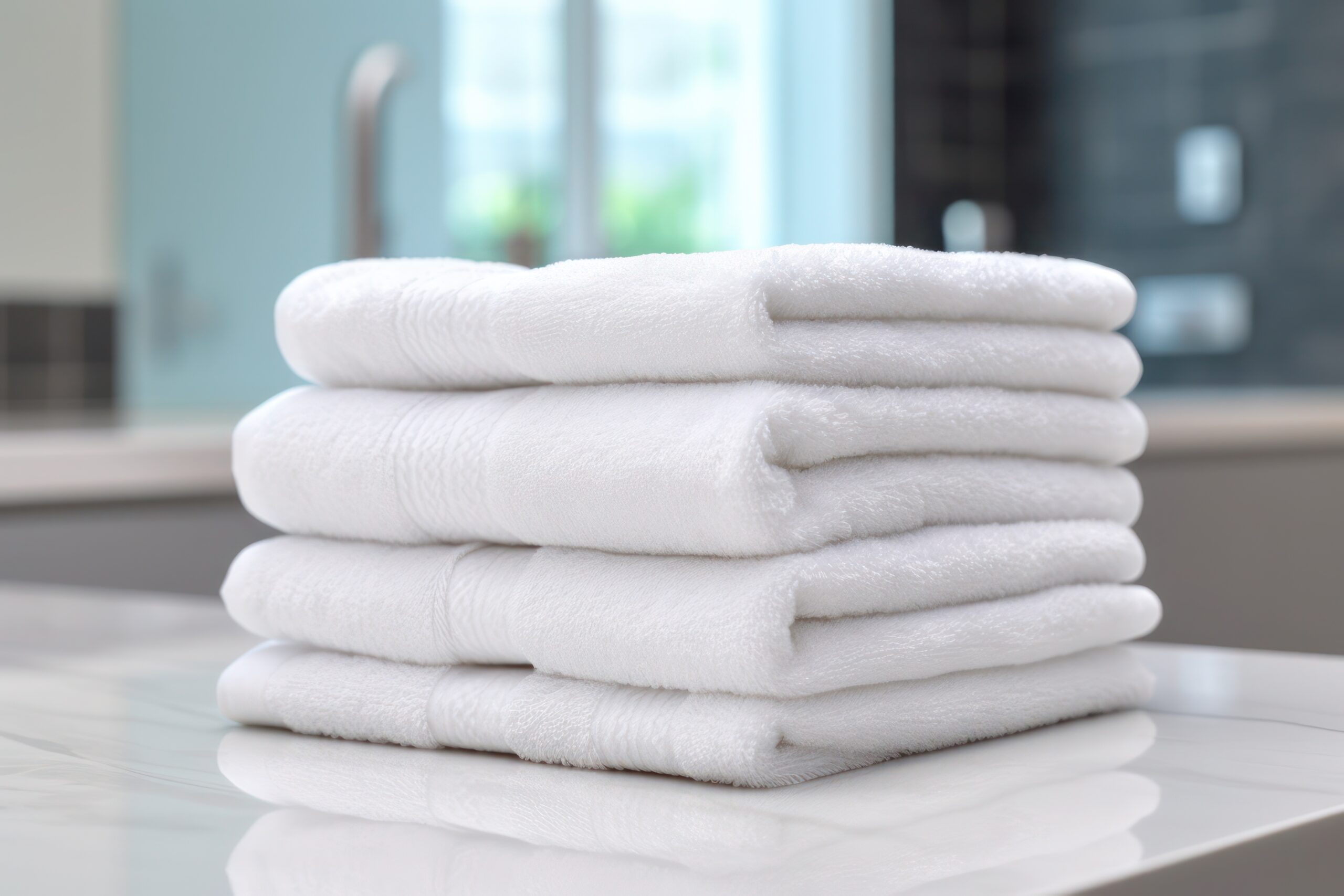 stack of clean white towels on a table with blur background